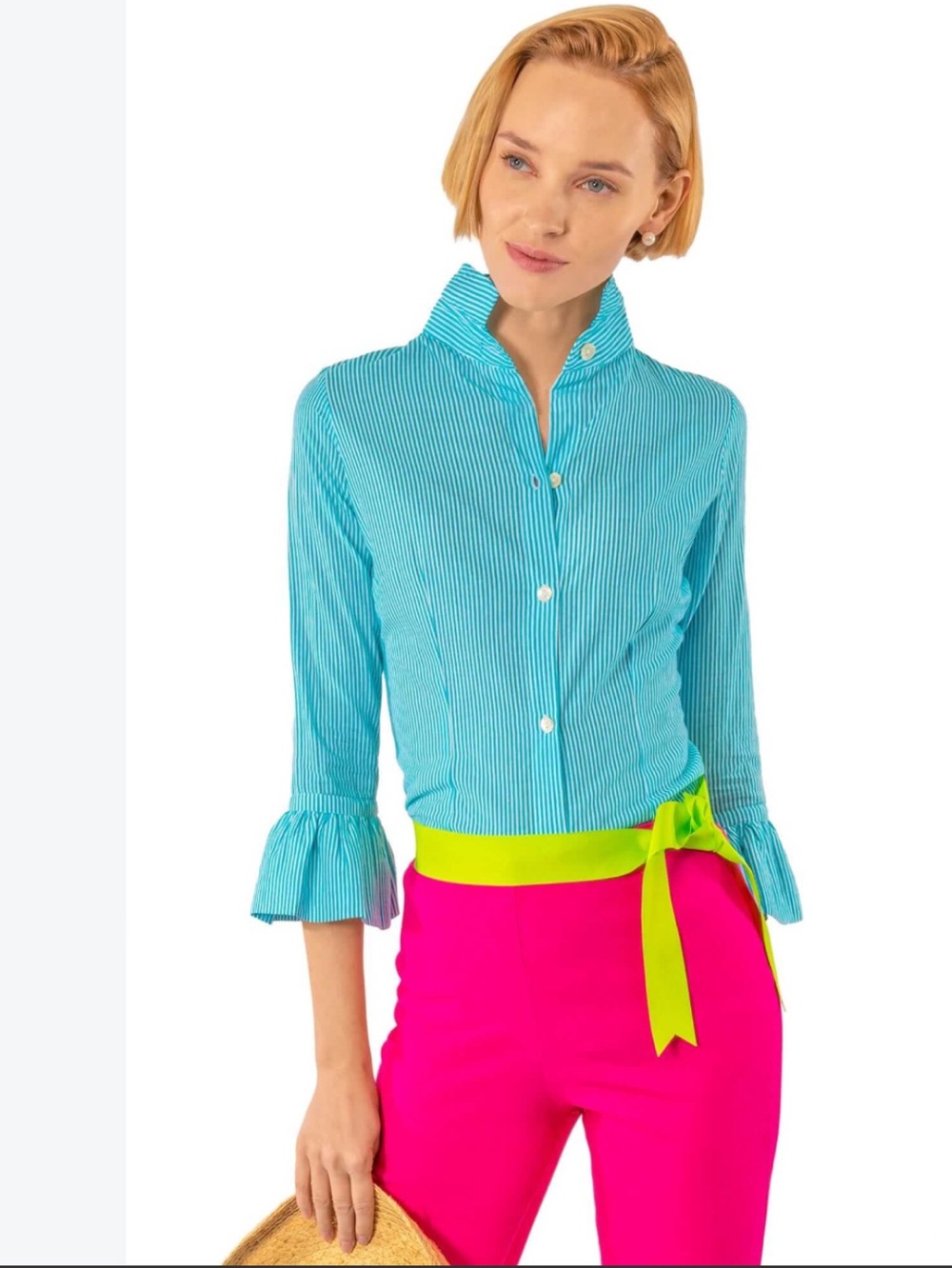 Gretchen Scott Cotton Priss Blouse Turquoise Stripe Size XL